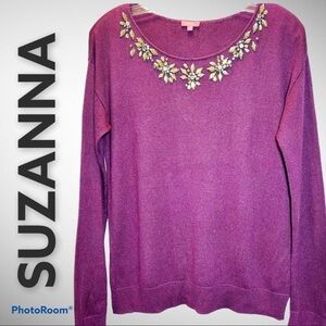 SUZANNA Wool Cashmere Blend Sweater Rhinestone Jeweled Neckline, Size 8